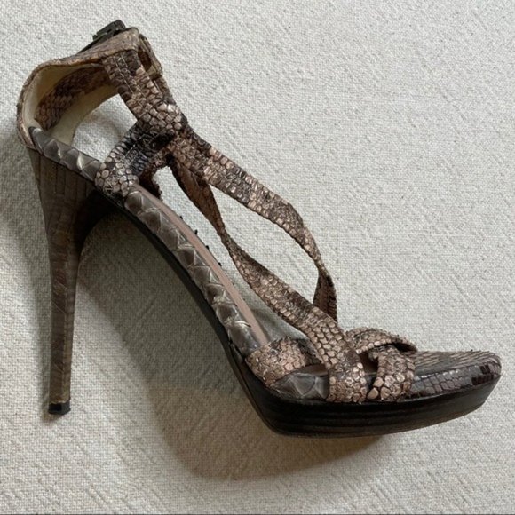 Burberry Python Snakeskin Brown Platform Strappy Sandals 10 - Picture 3 of 8